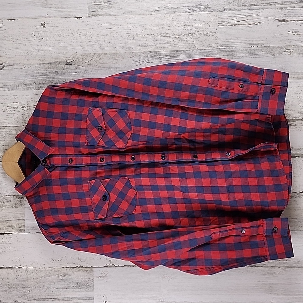 American Rag muted blue red Buffalo plaid button up casual shirt Size Large